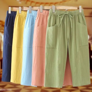 Pure Cotton Summer New Plump Girls Loose Plus Size Pants Women's Elastic Waist Straight Casual Capri Pants 200 Jin ^ ^^