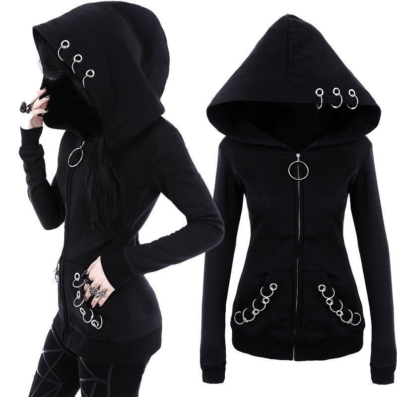 Gothic Women Punk Black Solid Color Hooded Sweat Hoodies Jacket Coat Cosplay Shopee Singapore