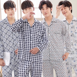 Image of Sleepwear Men Pyjamas Baju Tidur Lelaki Dewasa Long Sleeve Classic Designs Plaid Stripe Plaid Pajamas for Men 睡衣男套装