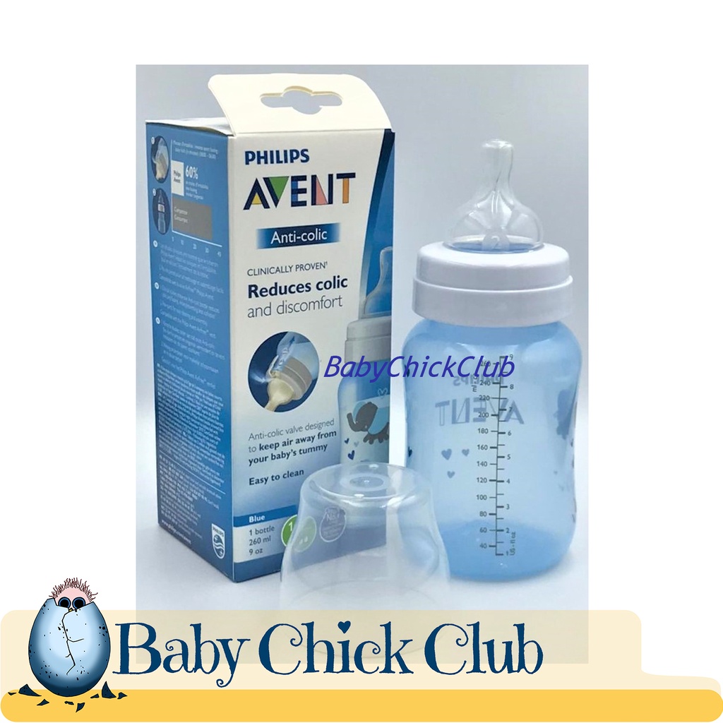 Philips Avent Anti-colic Blue Elephant Baby Bottle 260ml / 9oz Solo Pack with 1m+ Slow Flow Nipple