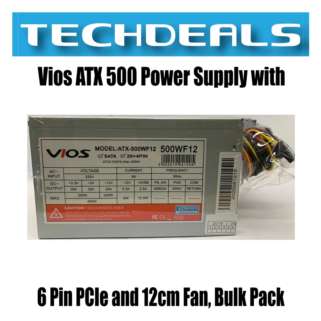 Vios ATX 500 Power Supply with 6 Pin PCIe and 12cm Fan, Bulk Pack