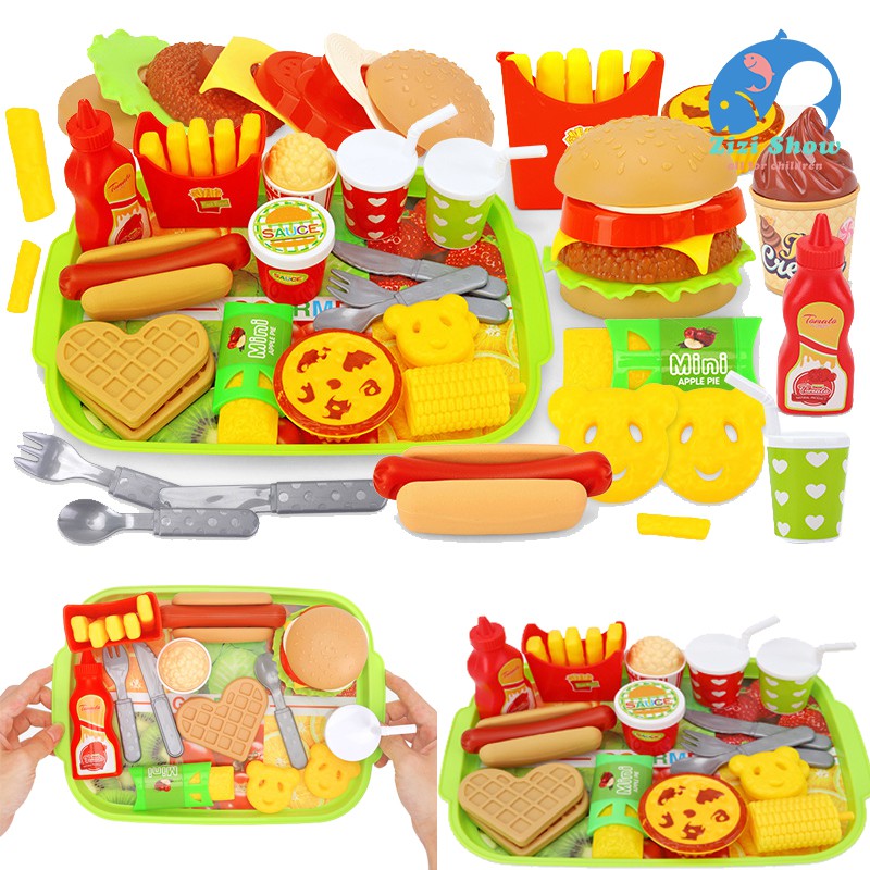 Kids Pretend Play Toys Food Kitchen Cooking Cutlery Hamburger French ...