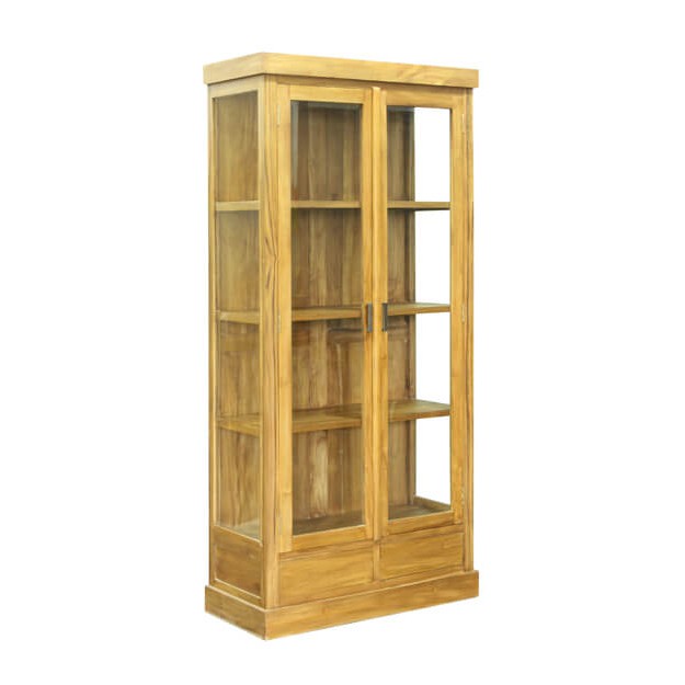 Solid Teak Wood Graeme Tall Glass Display Shelving Cabinet Office