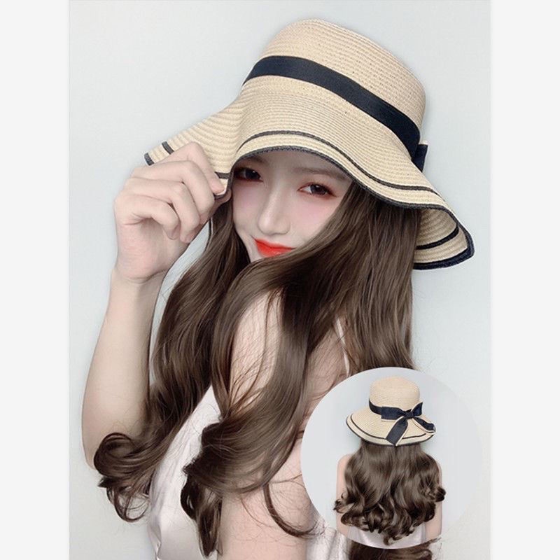Bucket Hat Female Wig One Fashionable Summer Korean Version Trendy Straw  Long Curly Hair All-Match Influencer Style Small Fresh | Shopee Singapore