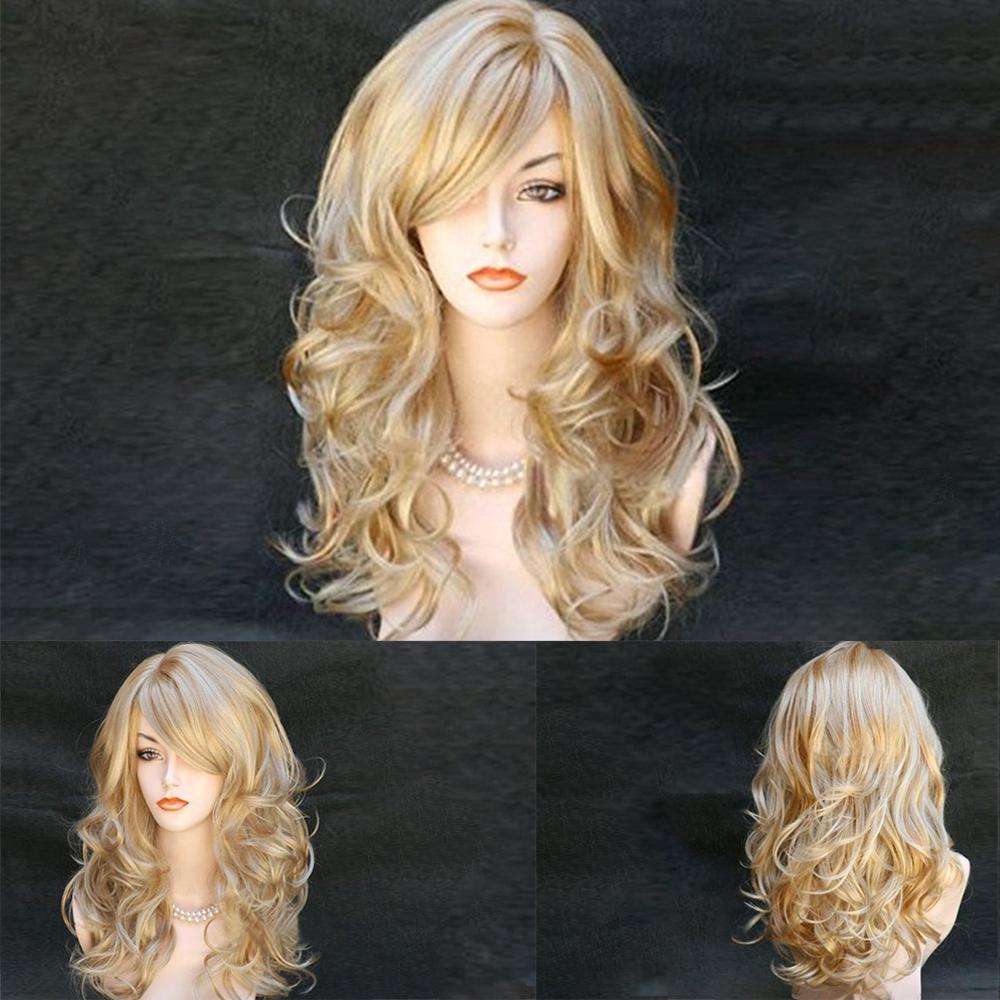 Women Wonderful Long Wavy Golden Strawberry Blonde Mix Wig Skin