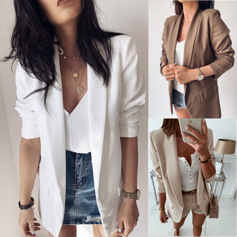 Women Blazer Elegant Fashion Korean Style Slim Office Ol Suit Jacket Formal Work Coat Spring Autumn Beige Khaki White Shopee Singapore