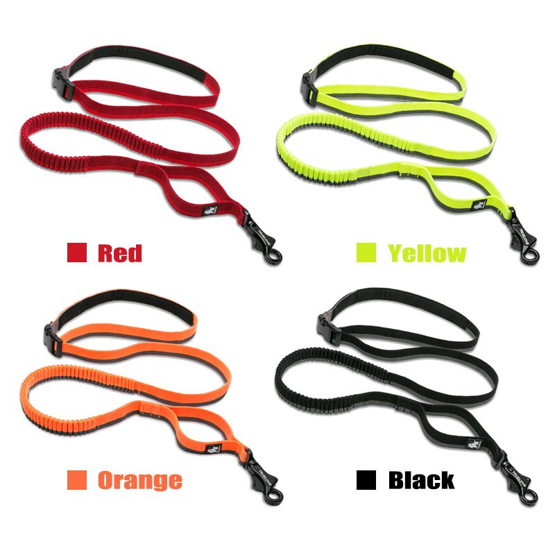 Hands Free Dog Lead Black for Small Medium Large Dogs 2 Handles Bungee Nylon Dog Leash with Adjustable Waist Belt for Walking Running Hiking Reflective Stitching Elastic Long 1.5m to 2m