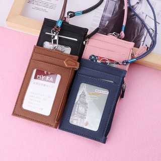 Image of Card Wallet Men PU Leather ID Cards Holders Case Neck Strap Lanyard Ladies Fashion Mini Slim Walle