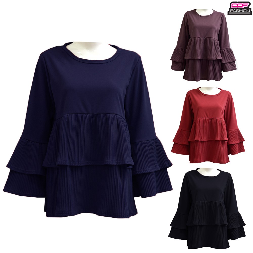 Ppf 20 Muslimah Fashion Peplum Blouse With Double Bell Sleeve 04236 Shopee Singapore