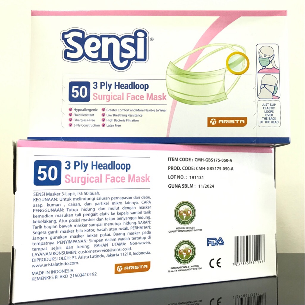  SENSI  Mask  Headloop 3 PLY Surgical Face Mask  50pcs Box 