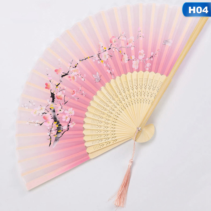 TianranRT Vintage Bamboo Folding Hand Hero Flower Fan Chinese Dance Party Bag Gifts pink 
