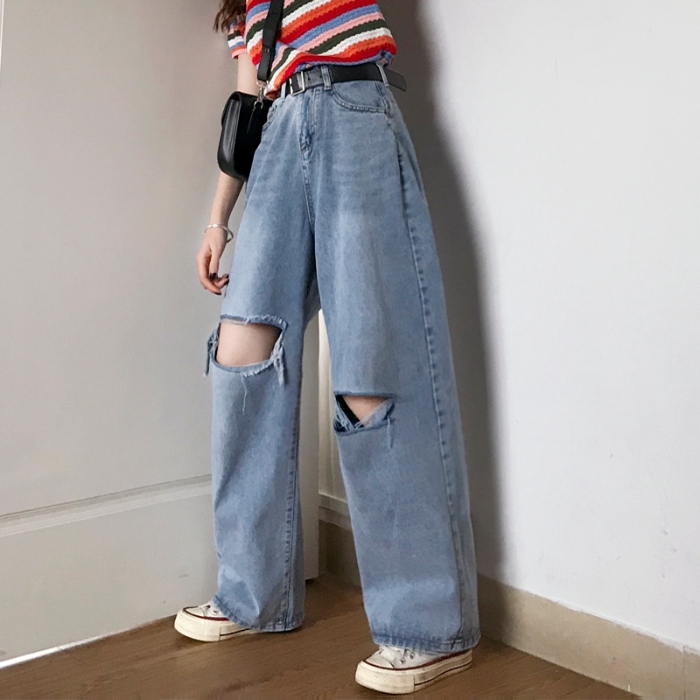 Chic Womens Denim Loose Casual Straight Slim Jeans Pants Baggy Wide-Leg Trousers