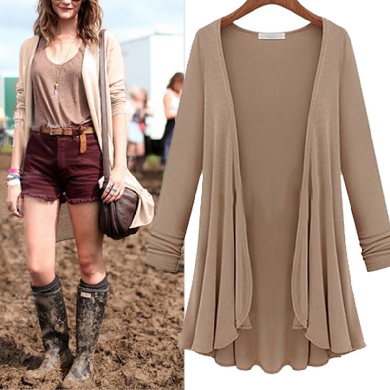 Solid color large size loose slim long sleeve cardigan  