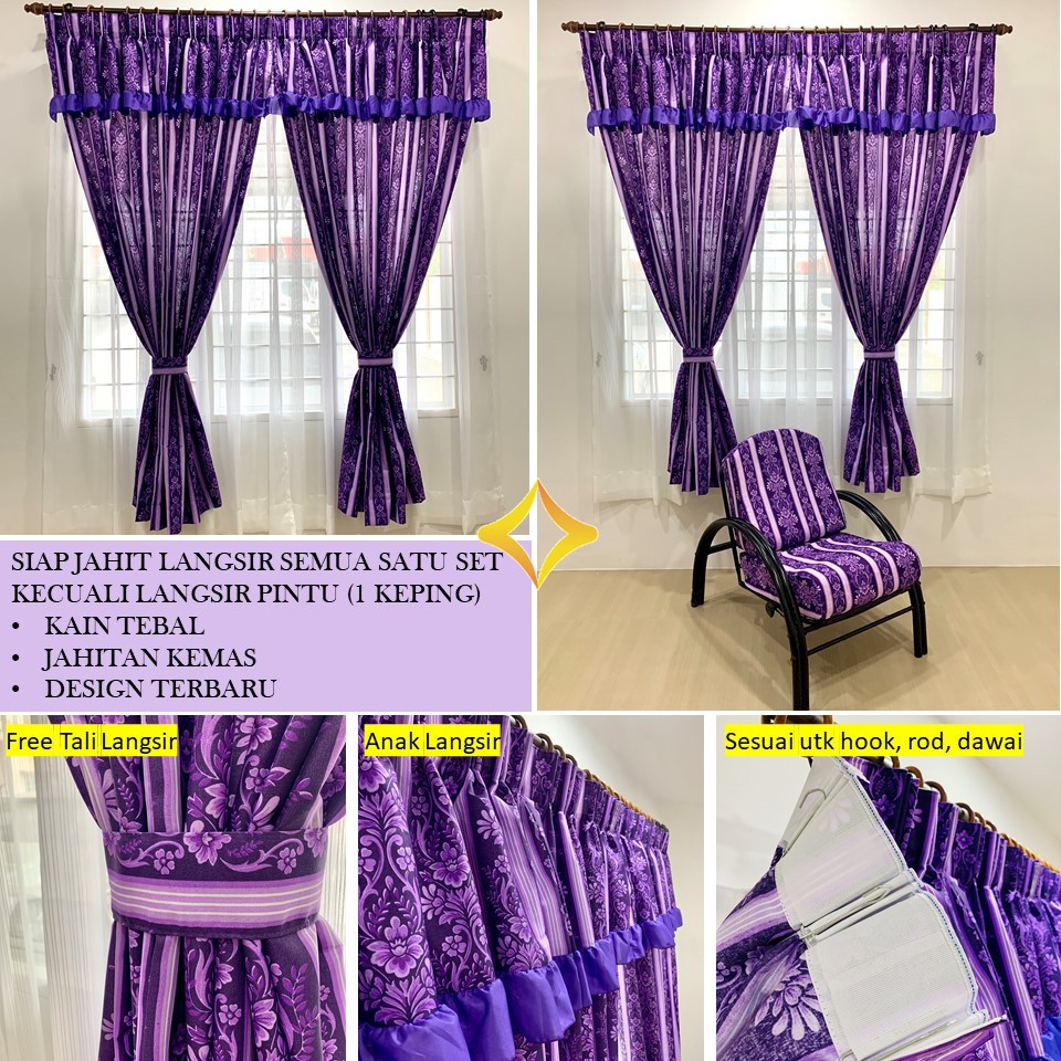 Langsir Ready To Sewing Free Rope Ready Made Curtain Free Tieback Langsir Sliding Door 2 Panel 3 Bilik Door Panel Shopee Singapore