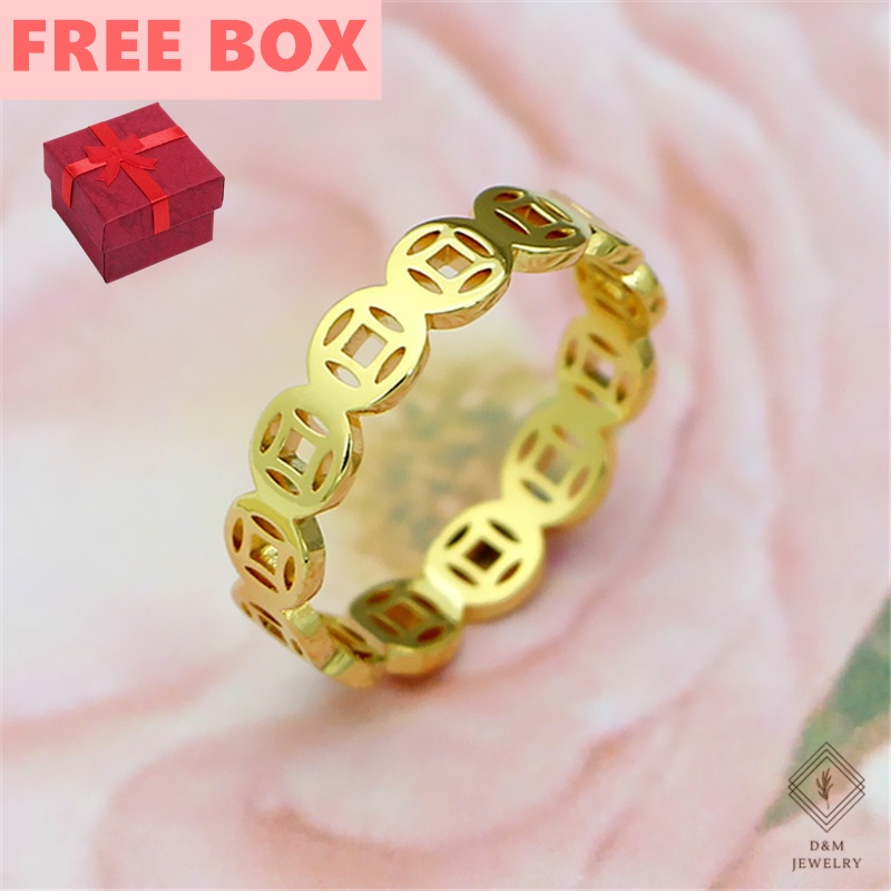 【PH READY STOCK】18K Gold Ring Lucky Charm Money Catcher Coin Stainless Charm Ring 1pcs with box