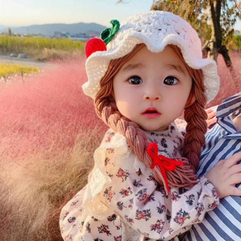 Ready Stock Oppo Cute Cherry Baby Hat With Fake Hair Wig Sun Hat Size 48 -@  52cm Girls Toys | Shopee Singapore
