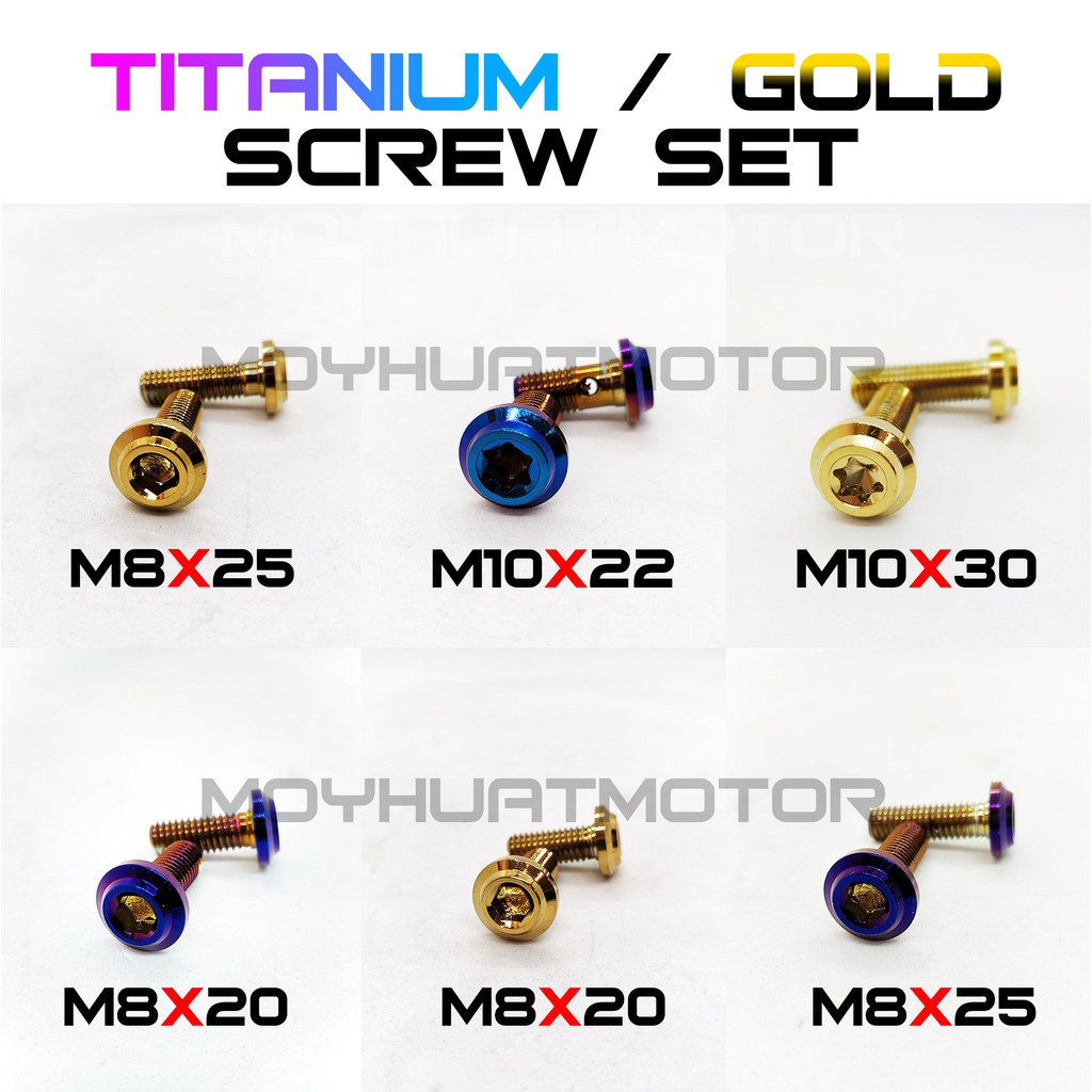 Shop Malaysia Titanium Screw Complete Size Semua Size Ada Titanium Skru Nut M8x20 M8x25 M10x22 M10x30 Gold Screw Shopee Singapore