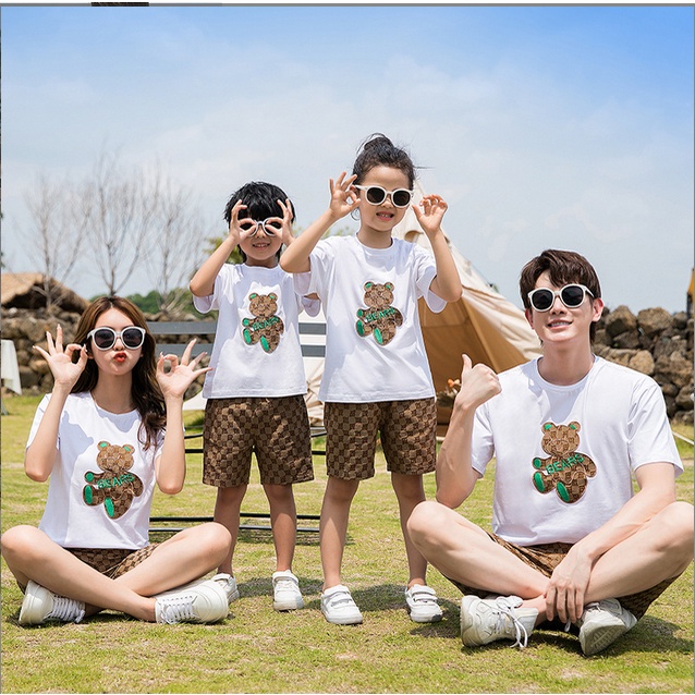 White Cute Bear 100% Cotton Family Tee Family Tshirt Couple T Shirt Kids T-shirt Striped Boy Girl Shirts Family Matching Outfits
