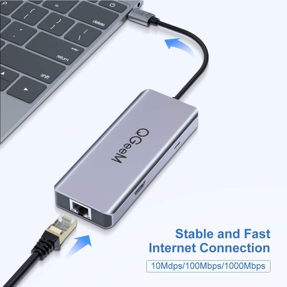 QGeeM 9-in-1 USB C Dongle with HDMI 4K 100W PD Charging USB C Hub SD//Micro Card Reader USB 3.0//2.0 Gigabit Ethernet Laptop Docking Station Compatible with More USB-C Devices USB C to 3.5mm