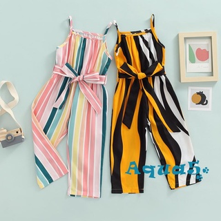 AQQ-Fashionable Little Girl Jumpsuit, Spaghetti Square Neck Sleeveless Stripe Pattern Bow Knot Waist Belt Loose Long