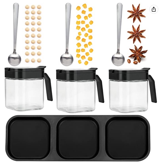 Condiment Jar Spice Container with Lids and Spoons, 8oz Clear Glass