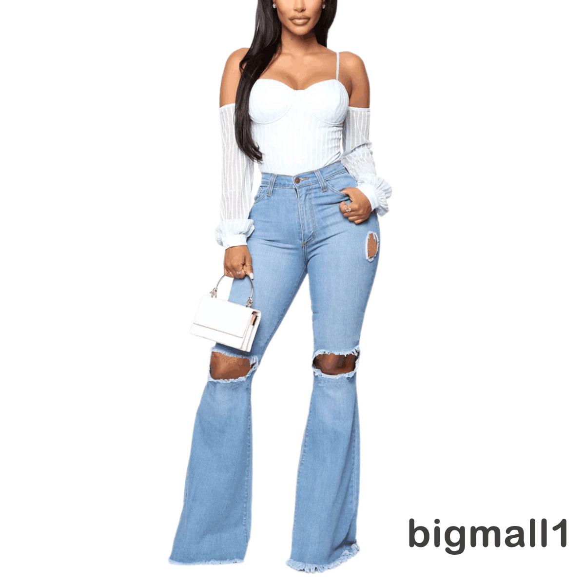 Women Denim Flared Pants Retro Hole High Waist Design With Pocket Summer Clothing Shopee Singapore