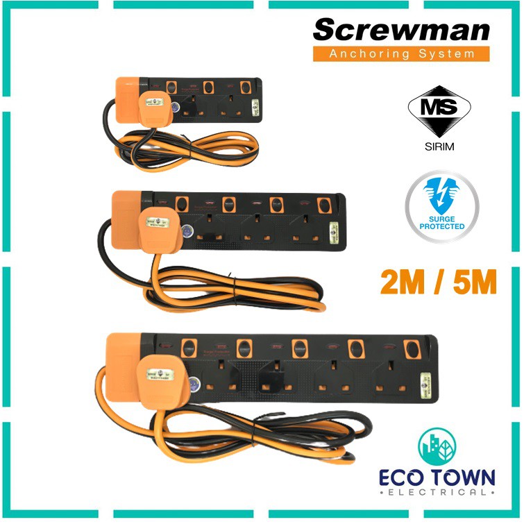 Heavy Duty 3000w Screwman 13a Extension Trailing Socket Plug Wire 2 Meter 5 Meter With Surge Protector Shopee Singapore