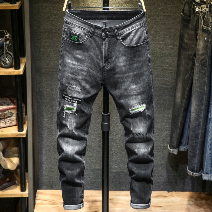 Spring And Summer Hole Jeans Male Black Gray Pants Black Denim Pants Shopee Singapore