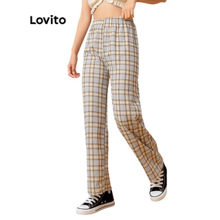 Image of Lovito Casual Straight Leg Plaid Elastic Waist Pants L00270 (Light Green/Green/Yellow/Blue/Coffee)