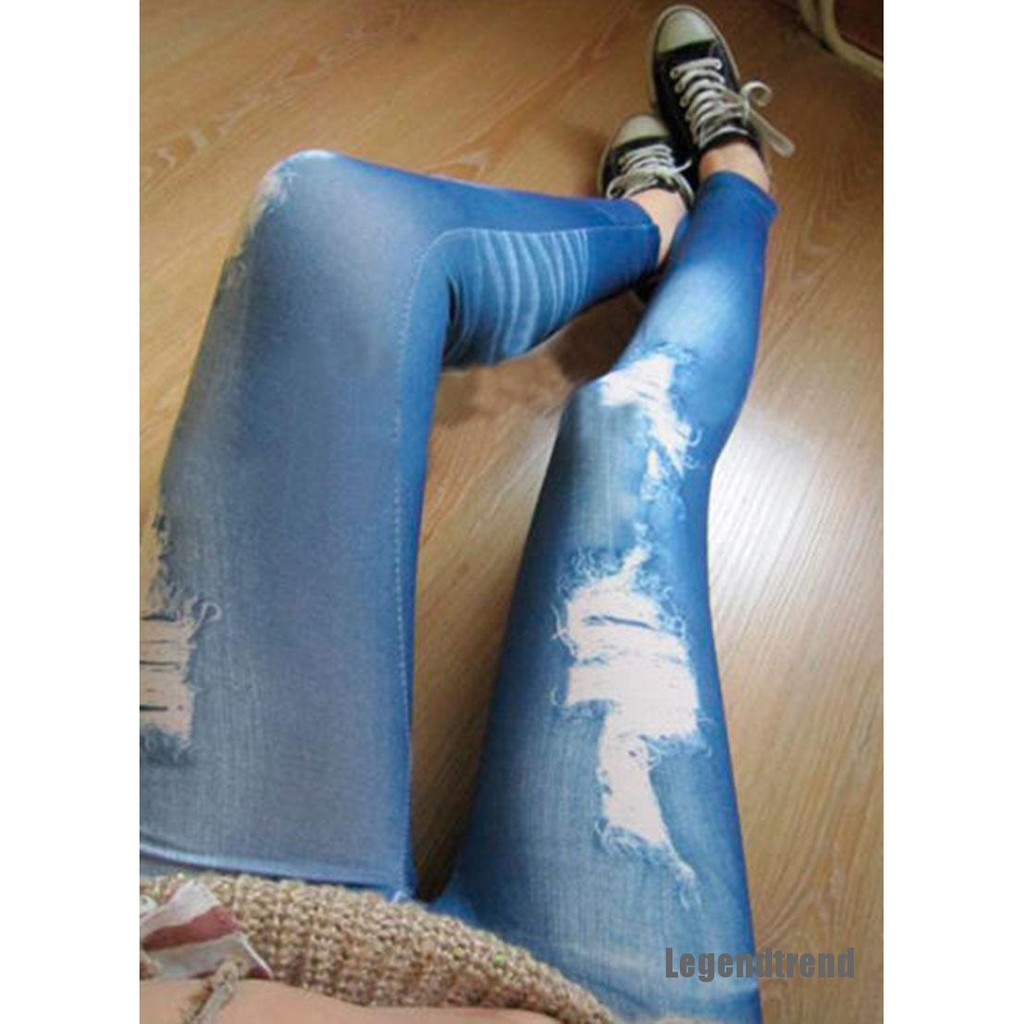 Legendtrend Women Ripped Denim Jean Look Skinny Leggings Slim Jeggings Trousers Blue Black Shopee Singapore