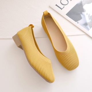 Image of Knitted breathable bean shoes women 2021 summer new square head low heel flying shallow mouth pregnant women a pedal milk shoes