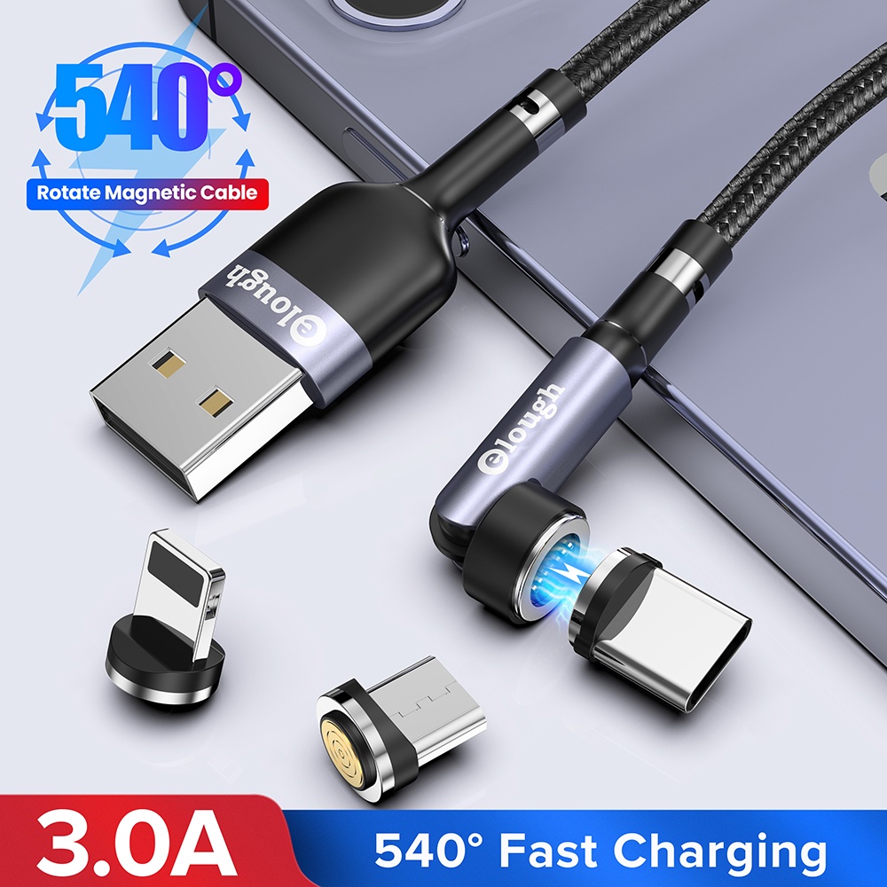 Elough 3A Fast Charging Magnetic Cable 540 Rotate Mobile Phone Charger Cable Micro USB Type C Data Cable Wire