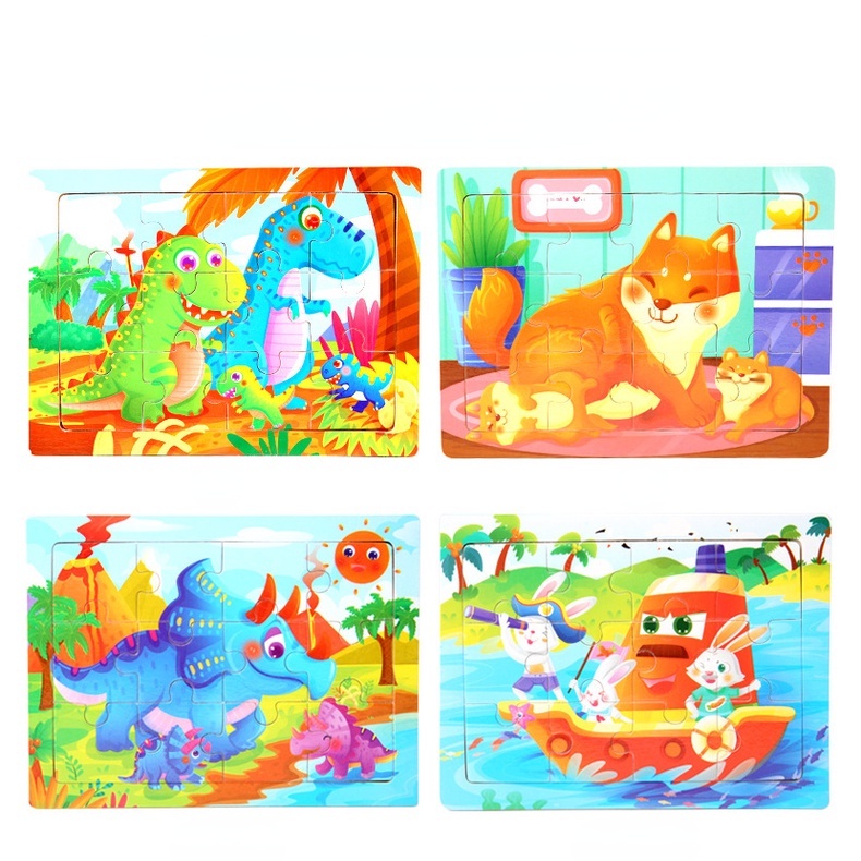 12 Piece Kids Wooden Puzzles Cartoon Animal Jigsaw Game Baby Wood Educational Toys for Children