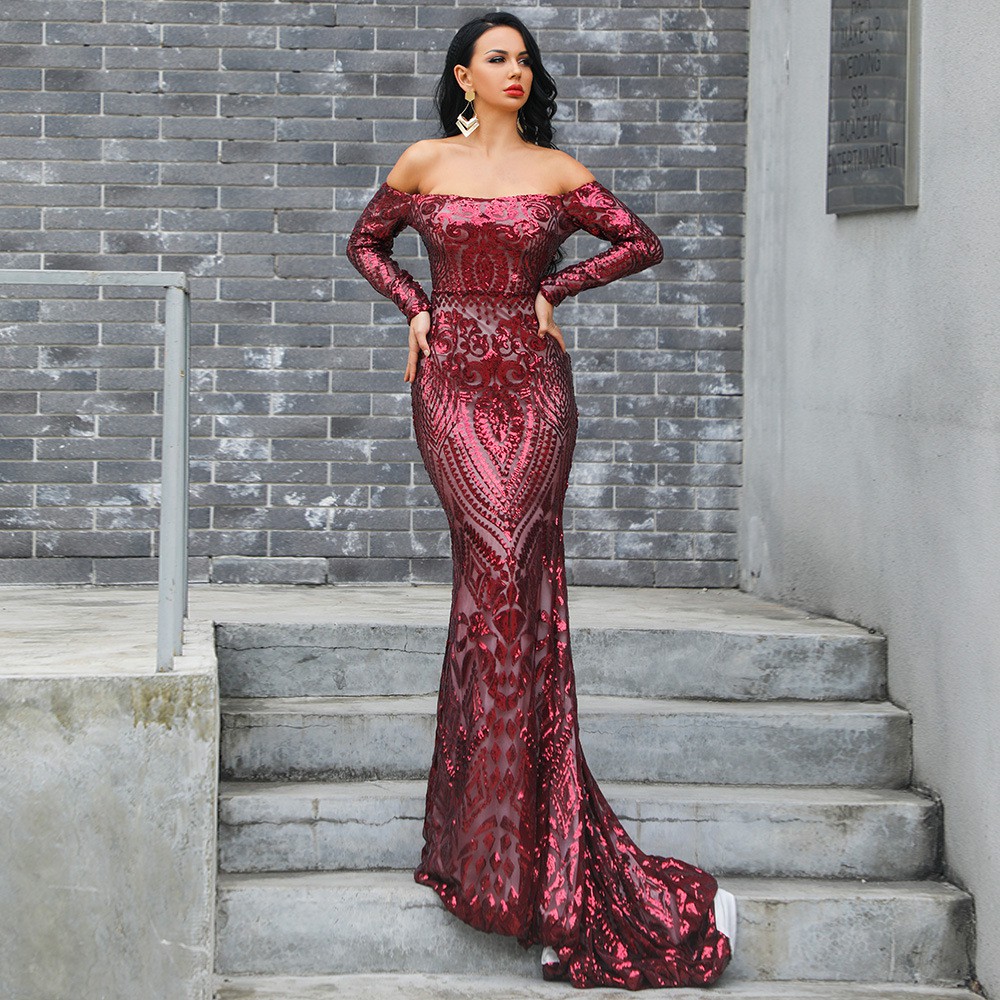 pre order red long sleeve off shoulder mermaid fishtail bodycon sequin  wedding evening prom dress gown RBP1167 | Shopee Singapore