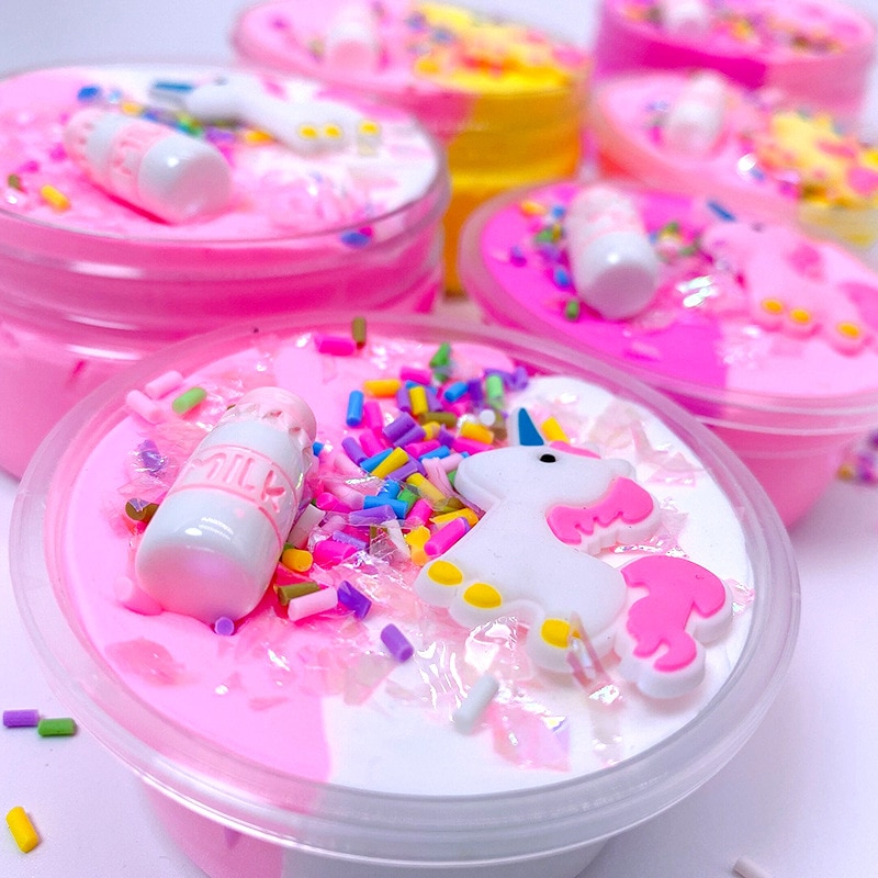Fluffy Strechy Slimes Rainbow Blue Pink Unicorn Floam Slime Stress 