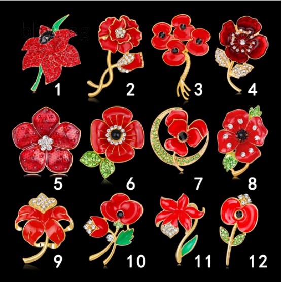 Multi Style Poppy Brooch Red Diamante Crystals Flower Pin Badge