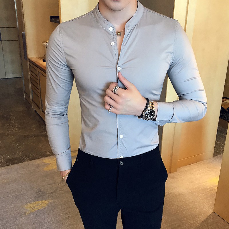 Men Long Sleeve White Shirt Black Shirt Slim Fit Mandarin Collar Shirt Men Camic Shopee Singapore