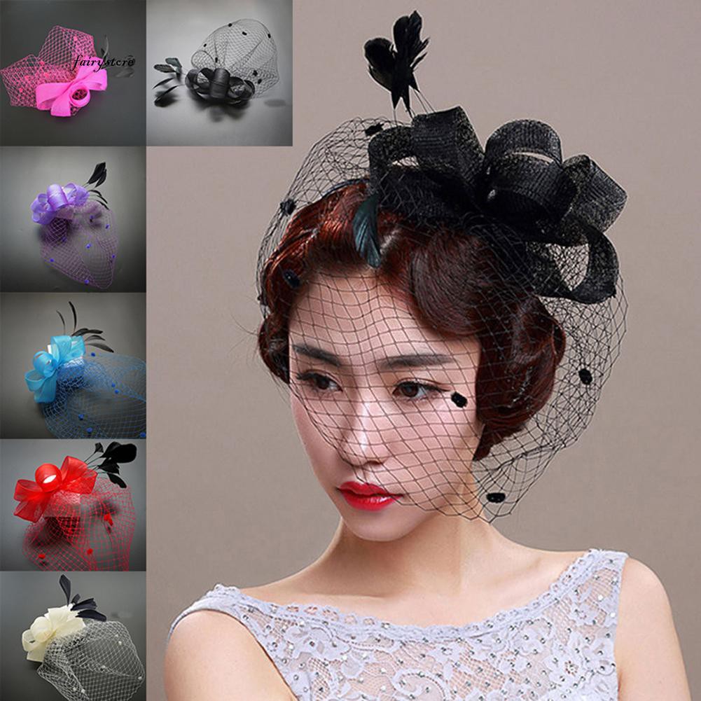 Fairy Women Retro Bow Feather Net Veil Wedding Fascinator Hat