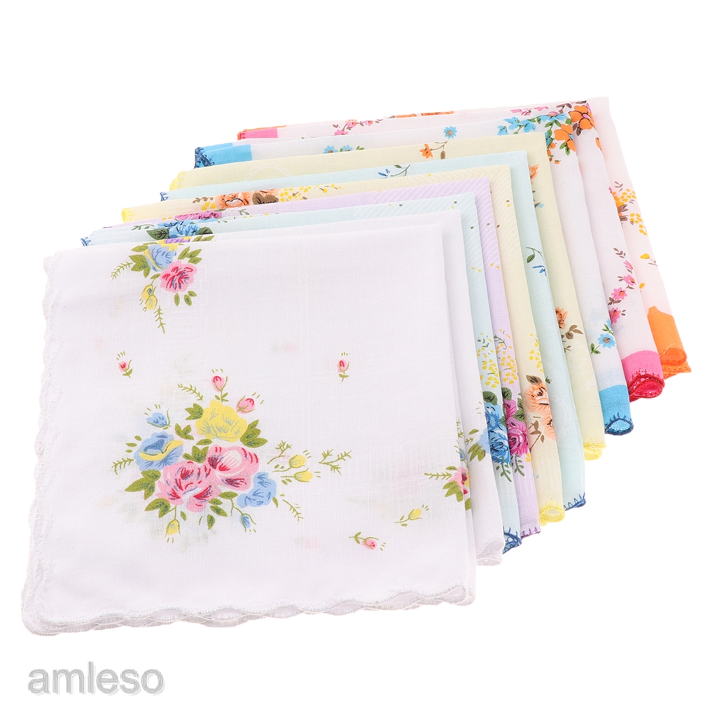 10pcs Women 100% Cotton White Handkerchiefs Assorted Colourful Flowers Gift 