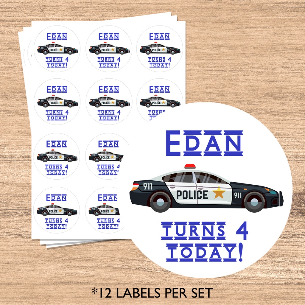 Personalised Birthday Goodie Bag Favor Sticker Labels Police Car Race