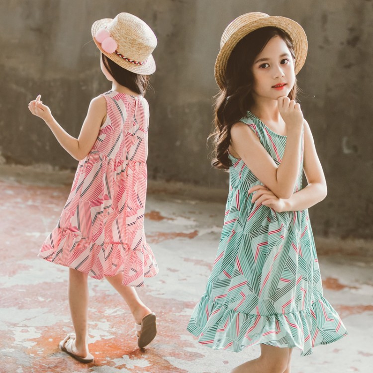 Summer New  Girl Dress Sleeveless Stripe Dress Kdis Dress 