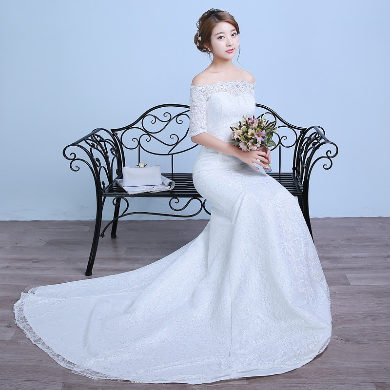 Half Sleeve Off Shoulder Mermaid Tail Wedding Dress Bridal Gown