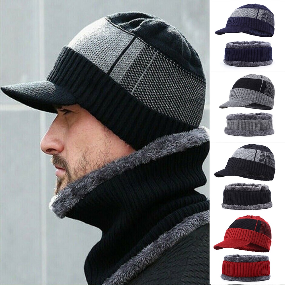 abbort Men Winter Warm Hat Knit Visor Fleece Lined Cap Soft Breathable with Scarf Loops Set 