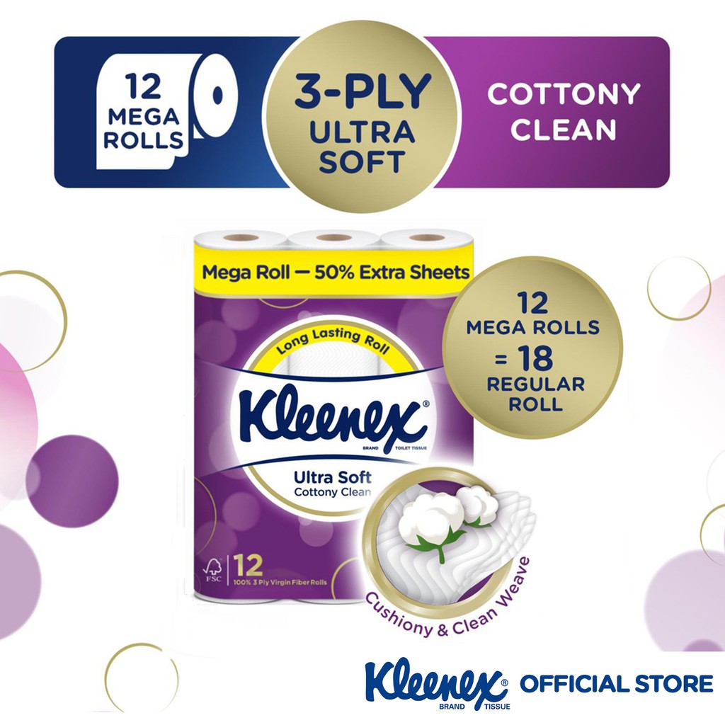 Kleenex Ultra Soft Cottony Clean Mega Roll Toilet Tissues 12x300sheets