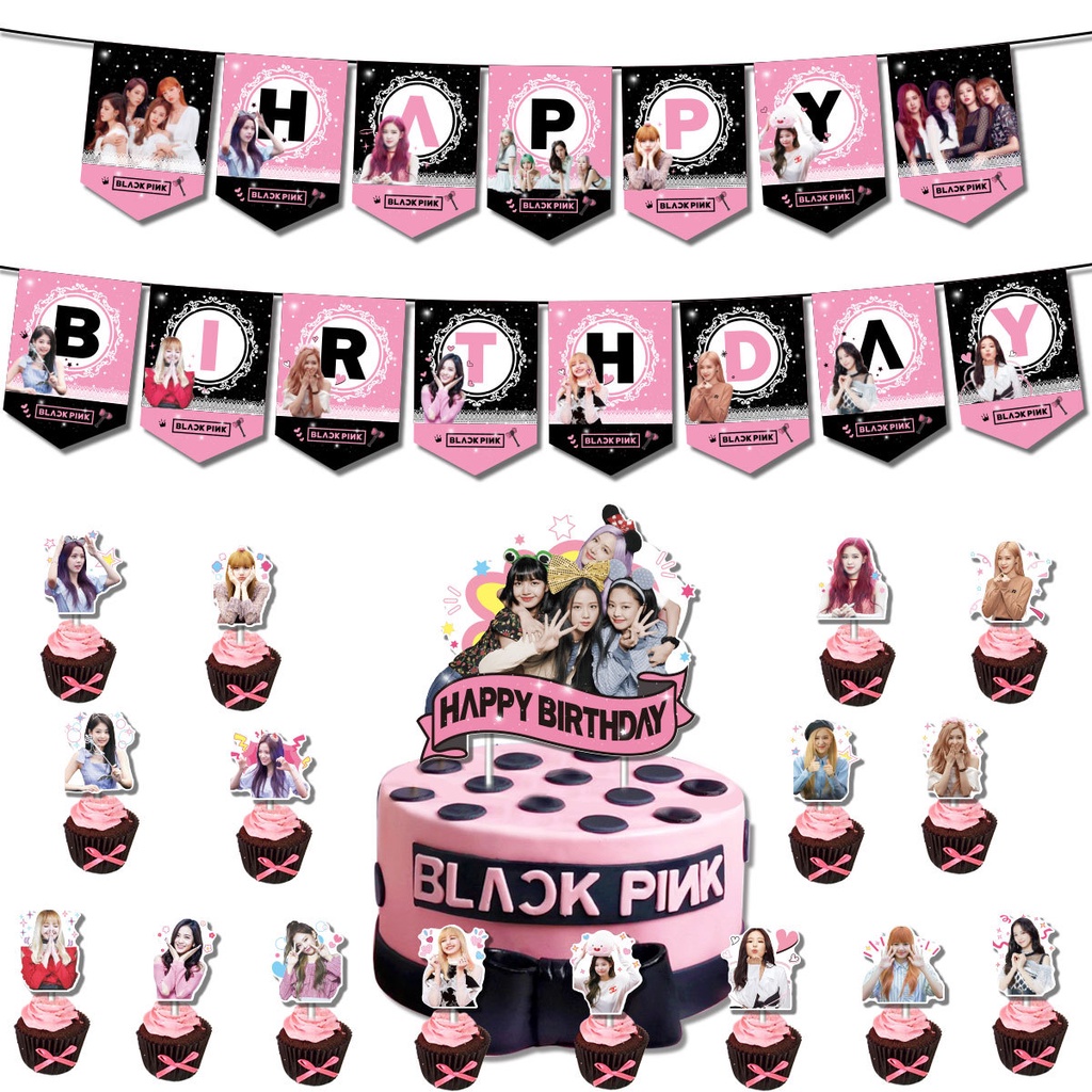 Kpop BLACKPINK Theme Happy Birthday Party Decorations Set Cake Topper