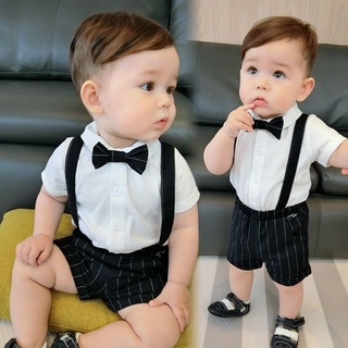 2PCS Baby Boy Clothes Sets Kids Summer Striped Birthday Suit Short Sleeves + Suspender Trousers Set Boys Gentleman Suit Terno