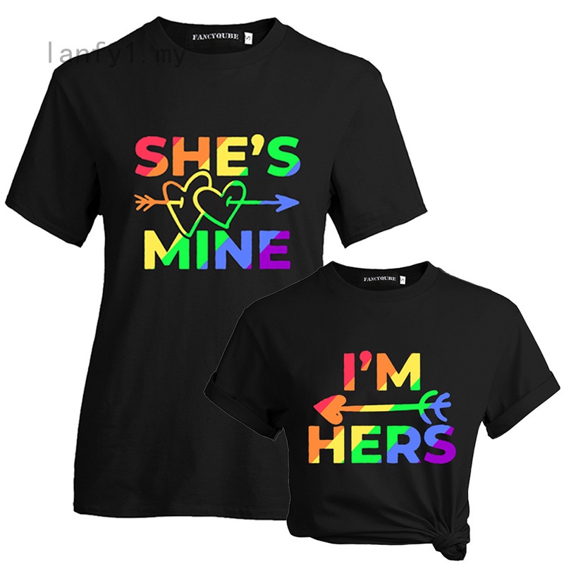 New Lesbian Couple T-shirt  Rainbow Pride Tops I'M HERS SHE IS MINE Letter Print Female Short Sleeve Tees