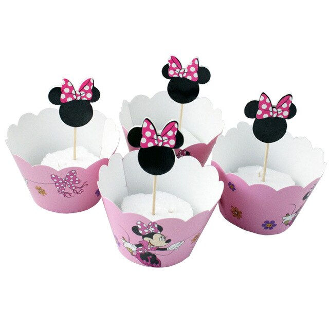 24 pcs Disney Mickey Mouse Cartoon Birthday Party Cake Decorations Supplies Minnie Cupcake Wrappers & Toppers Christmas Supplies