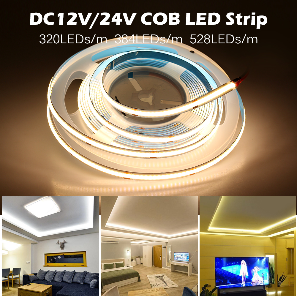 Tranyton Lighting 5m/lot COB LED Strip Light 300 320 384 528 LEDs High Density Super Bright Flexible COB LED Lights DC12V 24V Warm/Natural White LED Tape