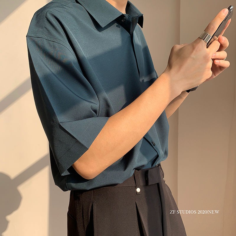 Solid Color Half Sleeved Shirt Men S Open Collar Mid Sleeved Korean Style Lazy Style Ulzzang Thin Versatile Apprentice Black S Shopee Singapore